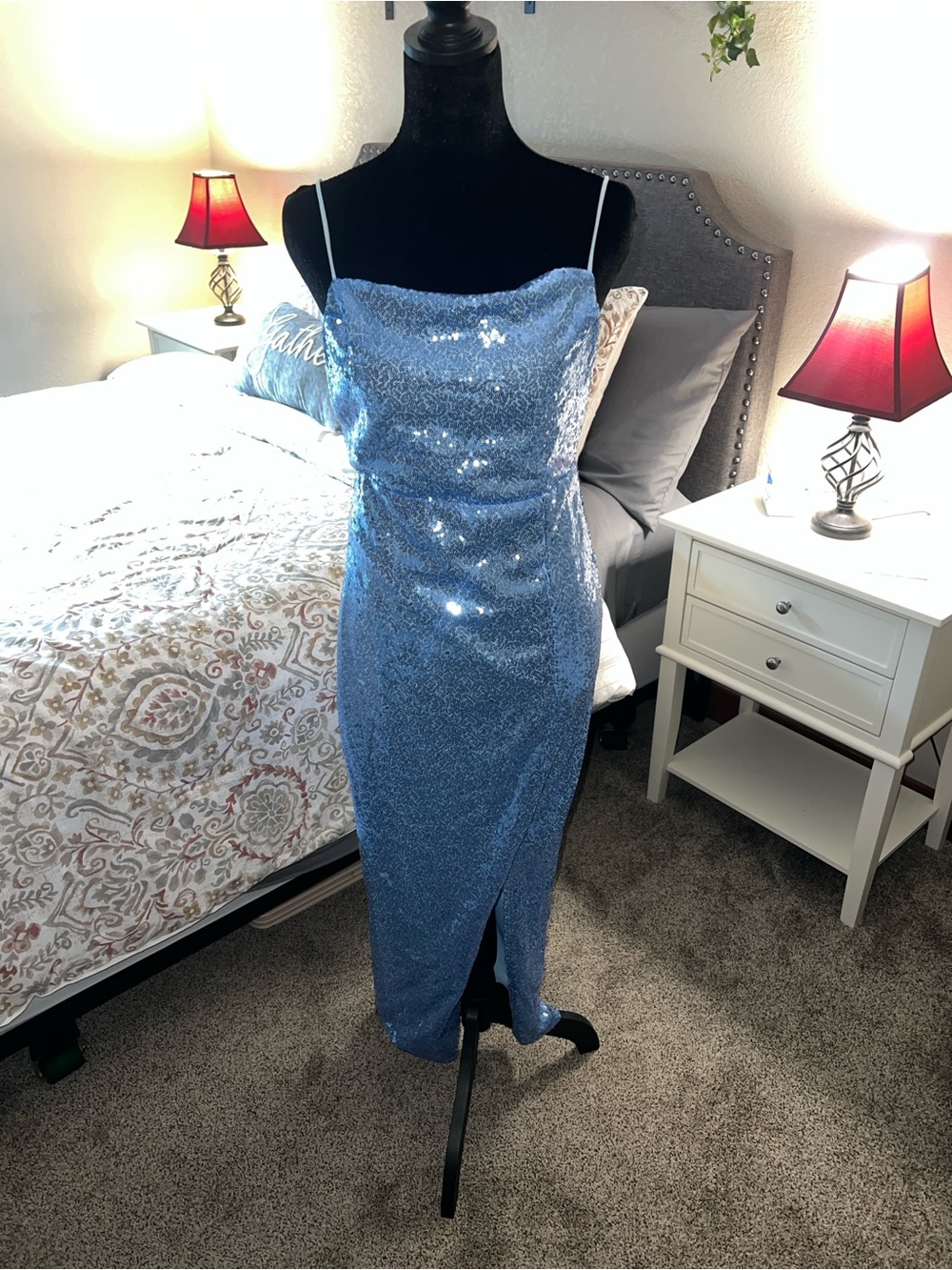 Justify Blue Sequin Midi Dress with Spaghetti Straps